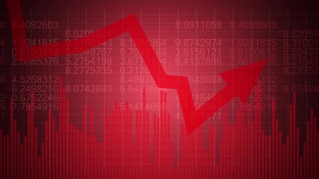 Financial market downturn concept with declining stock chart, red downward arrow and digital data display representing investment loss, recession, economic crisis and trading risk
