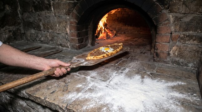 Traditional turkish pide with meat and egg being removed from a rustic stone oven by a professional baker wooden peel