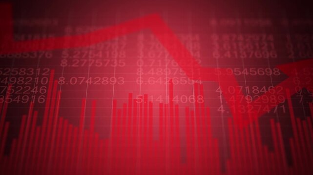 Financial market downturn concept with declining stock chart, red downward arrow and digital data display representing investment loss, recession, economic crisis and trading risk