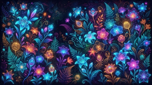 Colorful glowing flowers and leaves pattern on a dark background