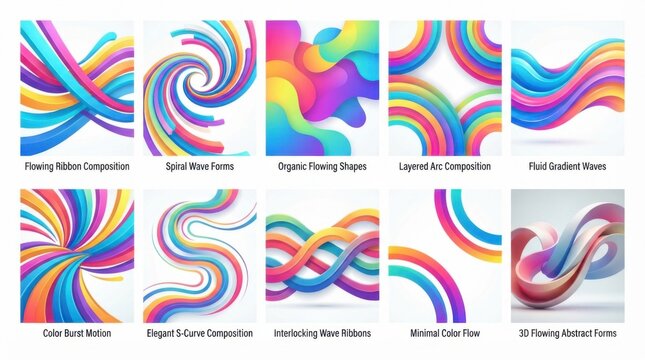Set of colorful abstract fluid wave shapes and flowing ribbon compositions