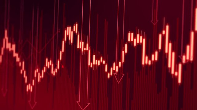 Global financial crisis concept with falling stock market ticker, declining economic chart and crumbling currency symbols representing debt, bankruptcy, recession and investment risk