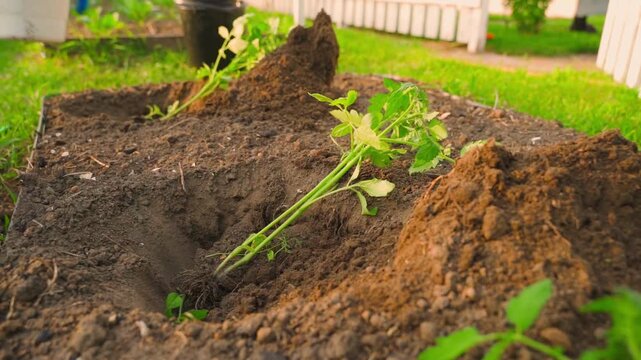 Preparing tomato seedlings for planting in garden bed close-up