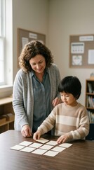 Fototapeta premium Teacher providing supportive guidance to student during classroom activity