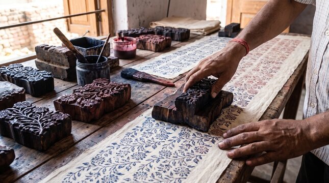 Skilled artisan applying intricate floral patterns onto natural fabric using traditional carved wooden blocks in a vibrant sunny rustic workshop
