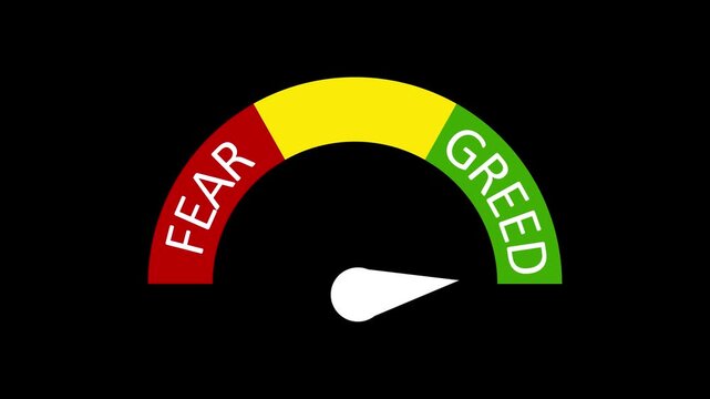 Fear and greed index arrow bar gauge movement, concept strategy decision financial psychology, stock market exchange trading strategy
