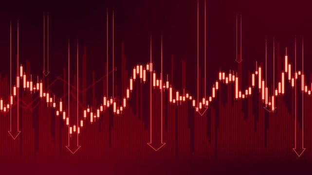 Global financial crisis concept with falling stock market ticker, declining economic chart and crumbling currency symbols representing debt, bankruptcy, recession and investment risk