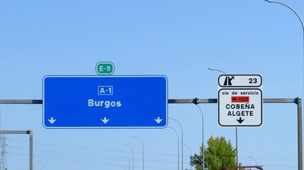 A directional road sign on the A-1 motorway in Spain, indicating the direction to Burgos and exit 23 to Algete.September 15, 2026 © GenadiyGM