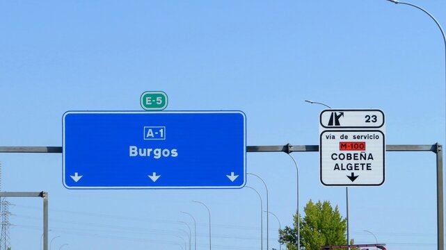 A directional road sign on the A-1 motorway in Spain, indicating the direction to Burgos and exit 23 to Algete.September 15, 2026