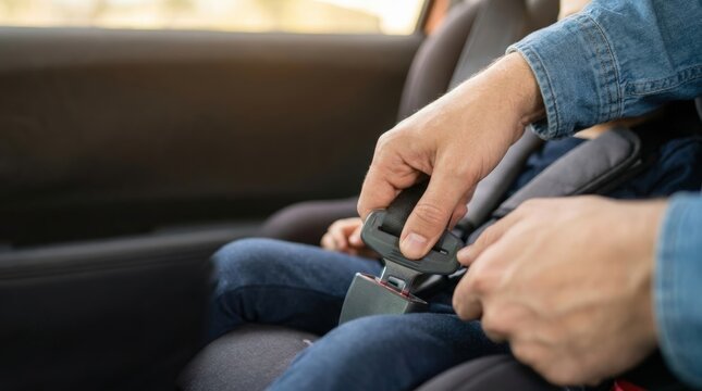 Adult fastening child seat belt in car