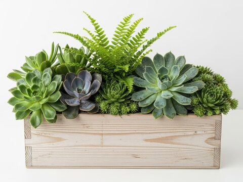 Succulent plants in a modern white planter box