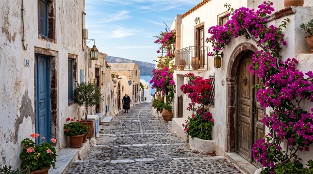 Elderly woman walking through narrow stone alleyway in vibrant greek village decorated with bright pink flowers under clear blue sky