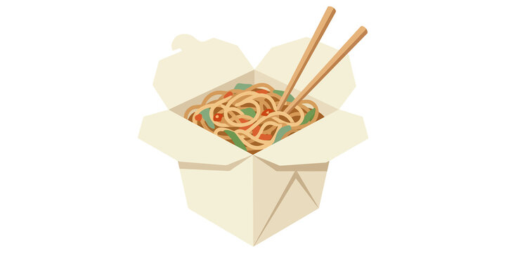Takeout food box with asian noodles and chopsticks for restaurant delivery menus or marketing visuals.