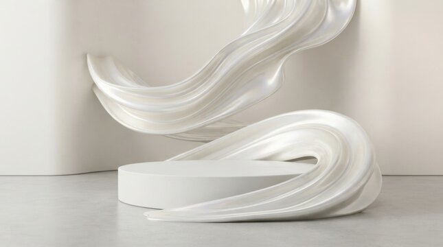 White empty podium with abstract smooth waves for product presentation