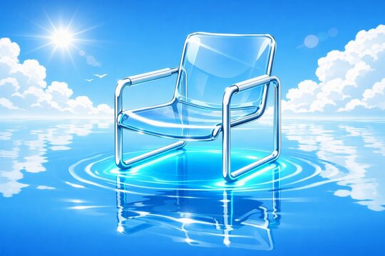 Transparent glass armchair floating on reflective water under sunny sky for surreal background or poster design with calm blue tones and ripple reflections