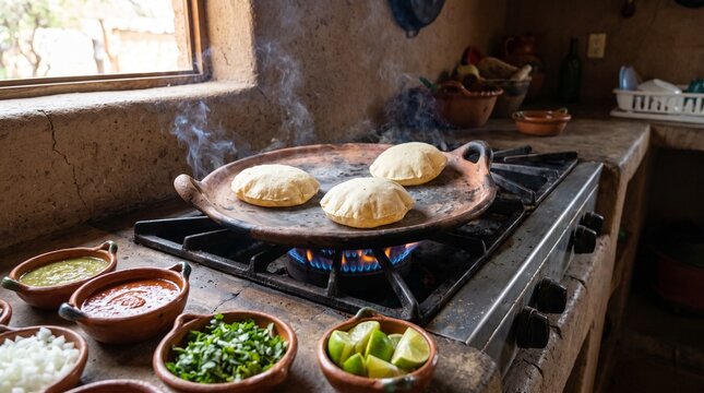 Fresh corn tortillas puffing on a traditional clay comal over a hot stove flame in a rustic home kitchen setting