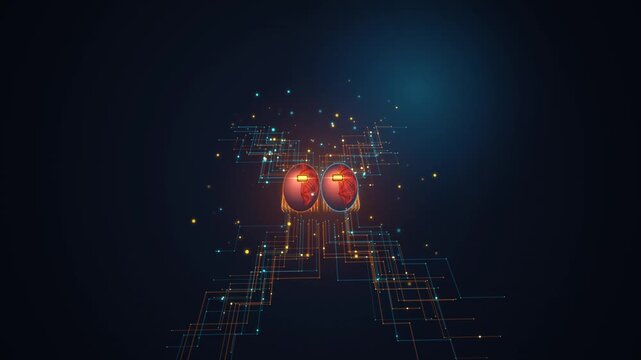 Digital human brain anatomy with glowing neural network pathways in dark cyber technology
