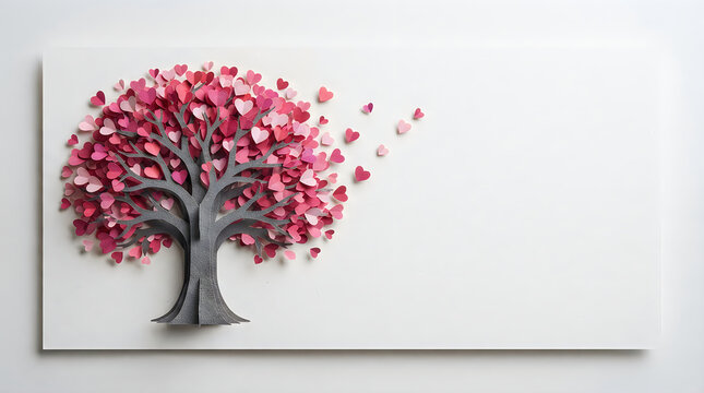 Creative tree with pink heart leaves flowing in the wind as a symbol of love and romance design