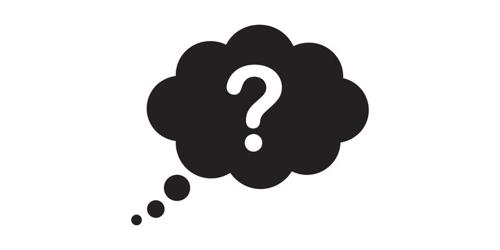 Black question mark speech bubble icon for thought visualization and concept communication.