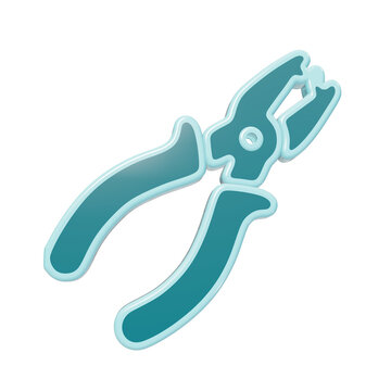3D rendered icon of teal jewelry pliers with a light blue outline, isolated on a solid black background, angled view of metal hand tool