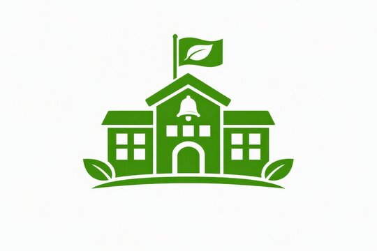 Eco friendly school building icon with leaf flag for education logo and environmental design background for sustainable campus branding