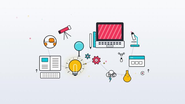 Education icons with laptop and light bulb showing science research symbols in flat line