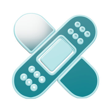 3D rendered icon of two crossed adhesive bandages, teal and light blue medical strips with circular ventilation holes on a black background