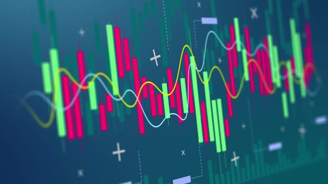 Simple stock market candlestick chart with red and green price bars, trading volume, financial trends and abstract investment analysis dashboard