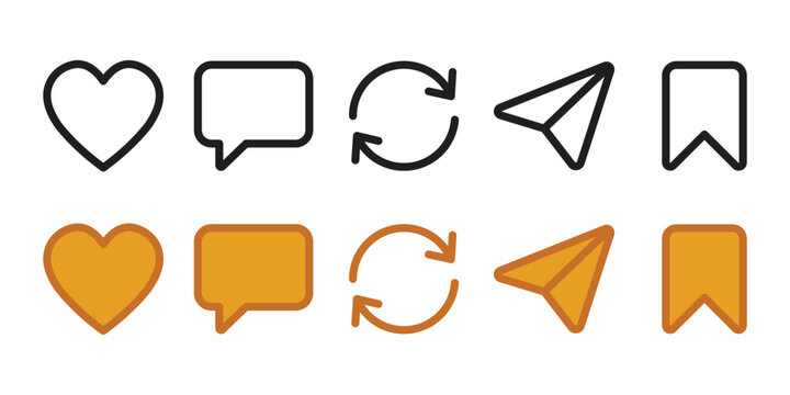 Set of social media interaction icons including like heart, comment bubble, repost arrows, share paper plane, and save bookmark, outlined and filled styles