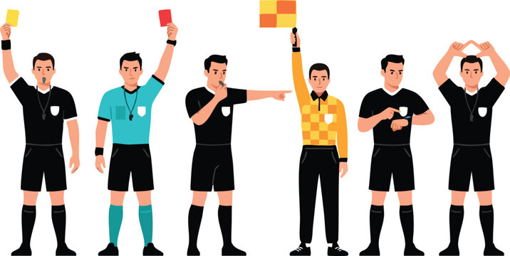 Football referee character set showing cards and giving signals vector illustration