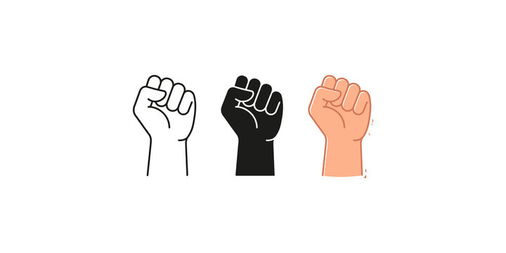 Raised fist icons in black outline solid black and skin tone colors for social justice and empowerment.