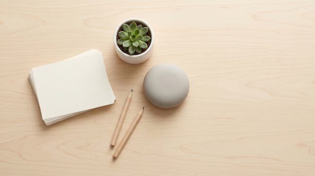 Blank cards, pencils, and succulent on light wooden desk