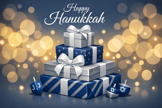 Happy hanukkah stacked blue and silver gift boxes with dreidels and festive bokeh lights for holiday greeting card and banner