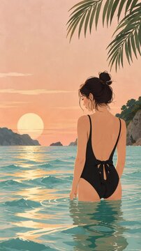 Vertical animated young woman stands waist deep in turquoise sea during a glowing tropical sunset