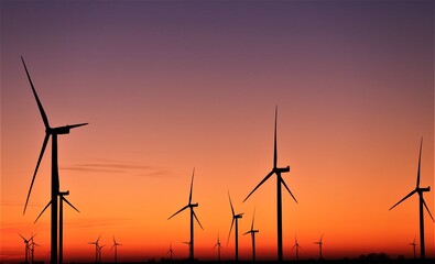 Obraz premium Vue panoramique d'un champ d'éoliennes dessinant des silhouettes verticales au coucher du soleil, sous un ciel orange mauve. Symbole d'une énergie renouvelable grâce à la force du vent.