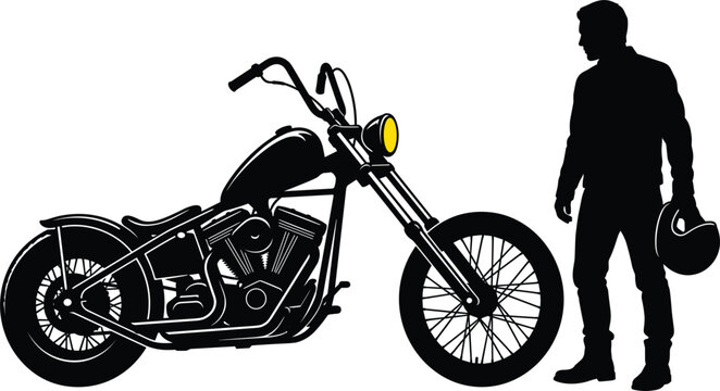 Black silhouette of a male rider holding a helmet while looking at his custom chopper motorcycle with yellow headlight