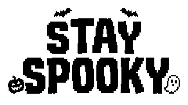 Stay spooky text design with pixel art halloween icons on white background isolated on transparent background