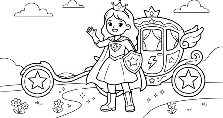 Fototapeta premium Charming princess waves cheerfully beside her ornate fairytale carriage in a coloring book style