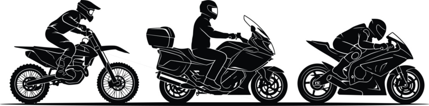 Motorcycles collection vector set showing distinct silhouettes of a motocross bike touring motorcycle and fast sportbike racing