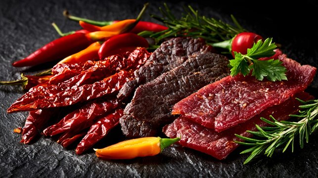 A colorful delicious jerky snack composition featuring spicy red pepper jerky, traditional beef jerky and lighter turkey jerky arranged together with vibrant chili peppers and fresh herbs
