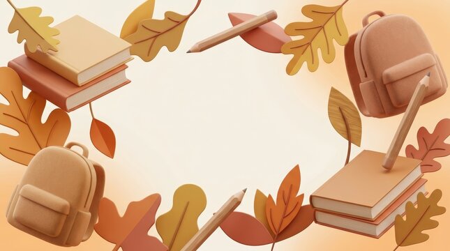 School supplies and autumn leaves border with books, backpacks, and pencils