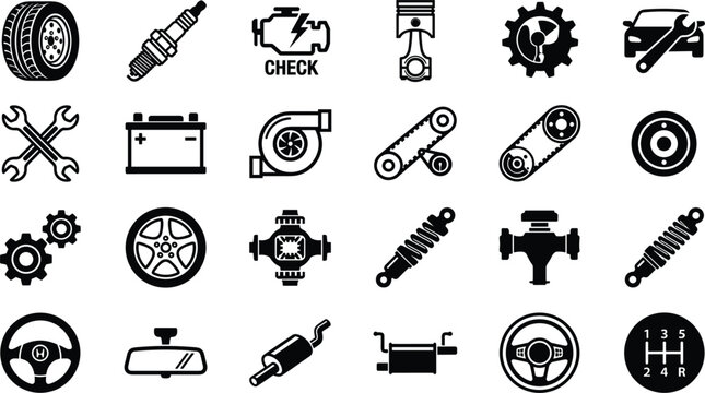 Black auto parts icons set containing car service elements like engine spark plug wheel battery gear and wrenches
