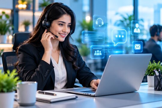 Smiling young woman working as a customer service agent wearing a headset and using a laptop with digital communication icons floating in a modern office environment during the night