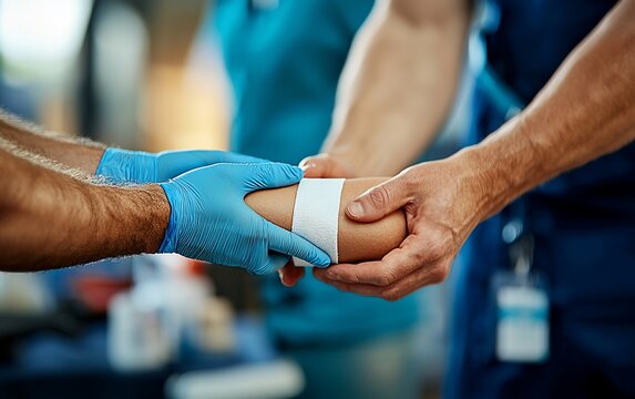 Doctors carefully bandaging a patient's wrist.