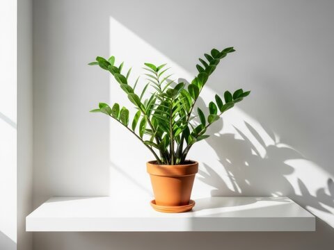 Zamioculcas plant in terracotta pot on shelf