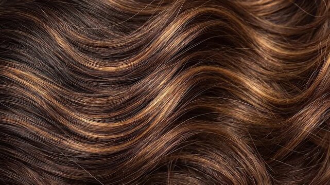 Close up of wavy brown hair with golden highlights flowing in slow motion. Healthy shiny brunette hair texture and strands. Beauty salon and haircare concept.