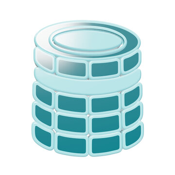 3D database icon with cylindrical stacked layers, glossy teal and light blue rectangular modules isolated on a black background
