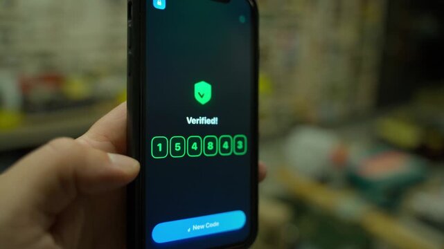 Verification code screen on smartphone with successful authentication close-up. Two-factor authentication app interface in hand