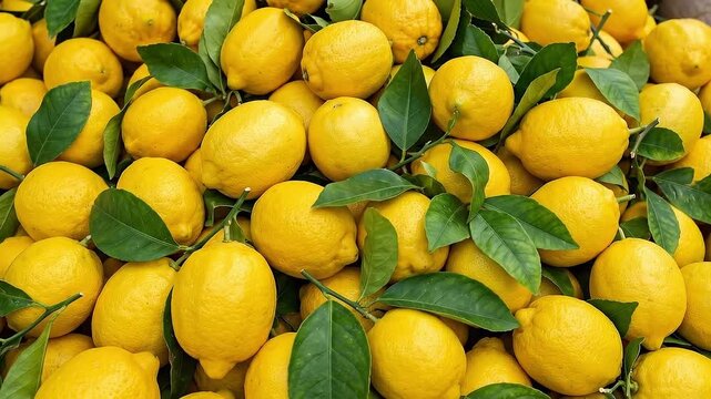 Fresh yellow lemons with green leaves filling the frame. Close-up of ripe citrus fruit piled together at market.