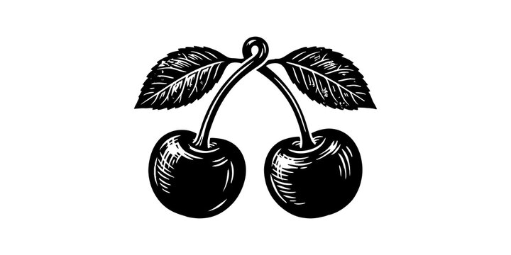 Vintage cherry pair sketch illustration with detailed leaves and woodcut style shading.
